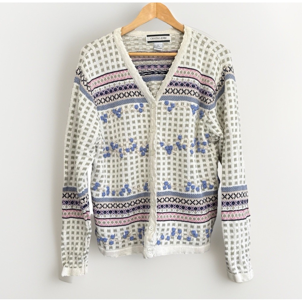 Vintage Cottagecore Cardigan‎ Scandinavian Floral Knit Crystal-Kobe Women's L